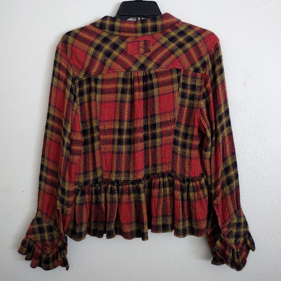 We The Free Free People Orange Yellow Plaid Ruffle Hem Top Size Small - Picture 10 of 10